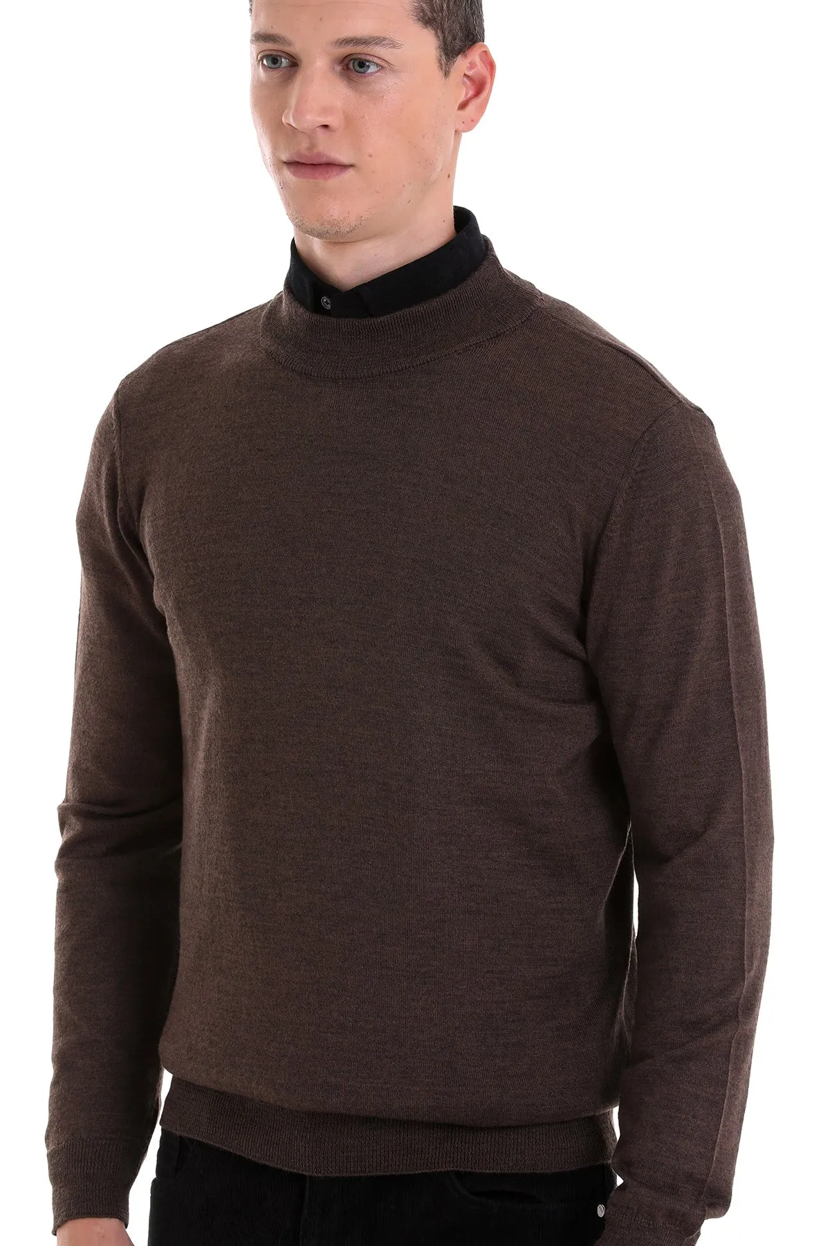 Comfort Fit Wool Blend Brown Mock Neck Sweater