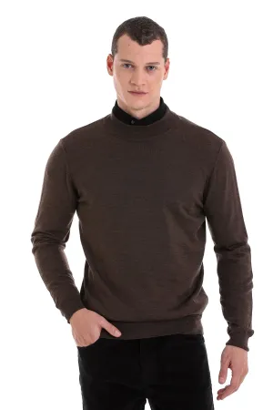 Comfort Fit Wool Blend Brown Mock Neck Sweater