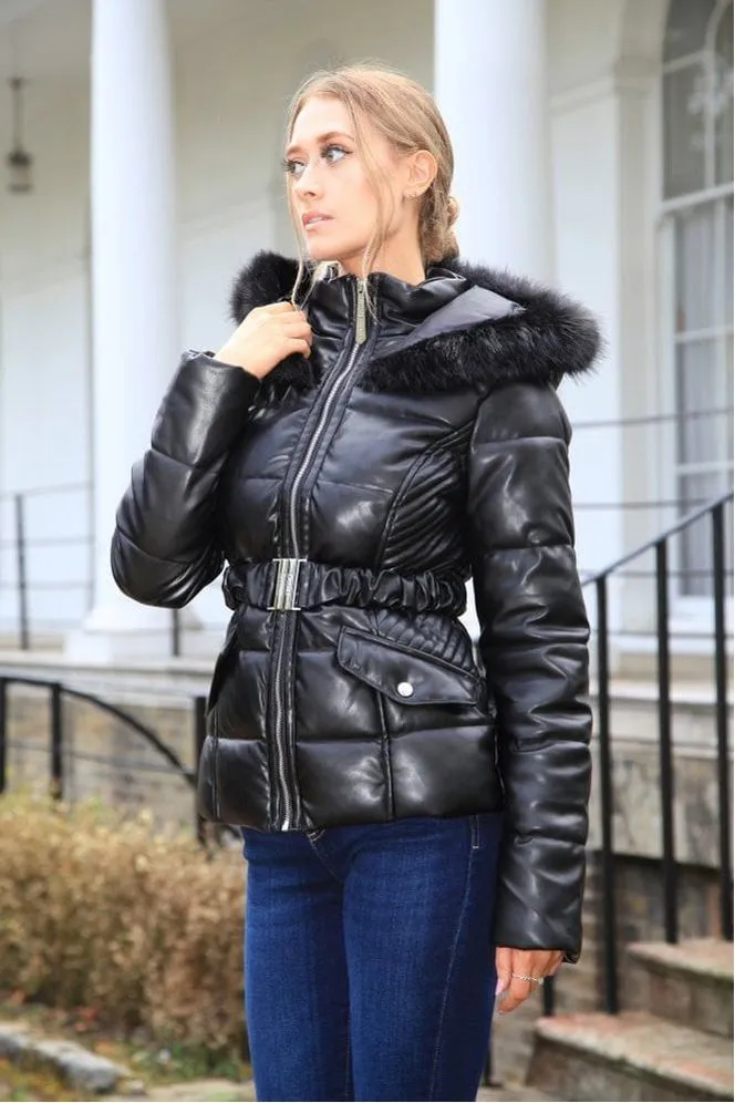 Double Second Black Vegan Leather Short Puffer