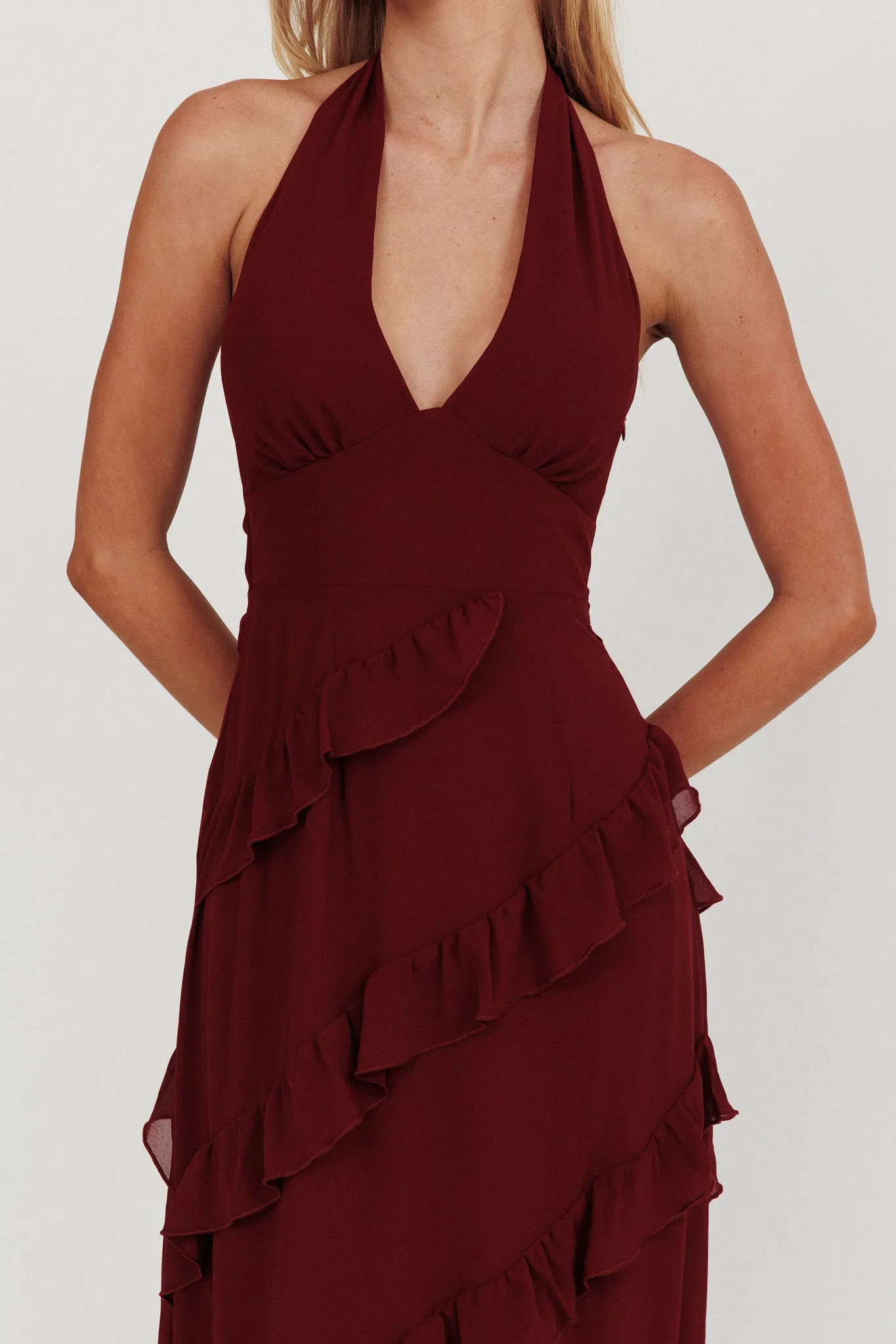 Flirt Frill Trim Halter Maxi Dress Wine