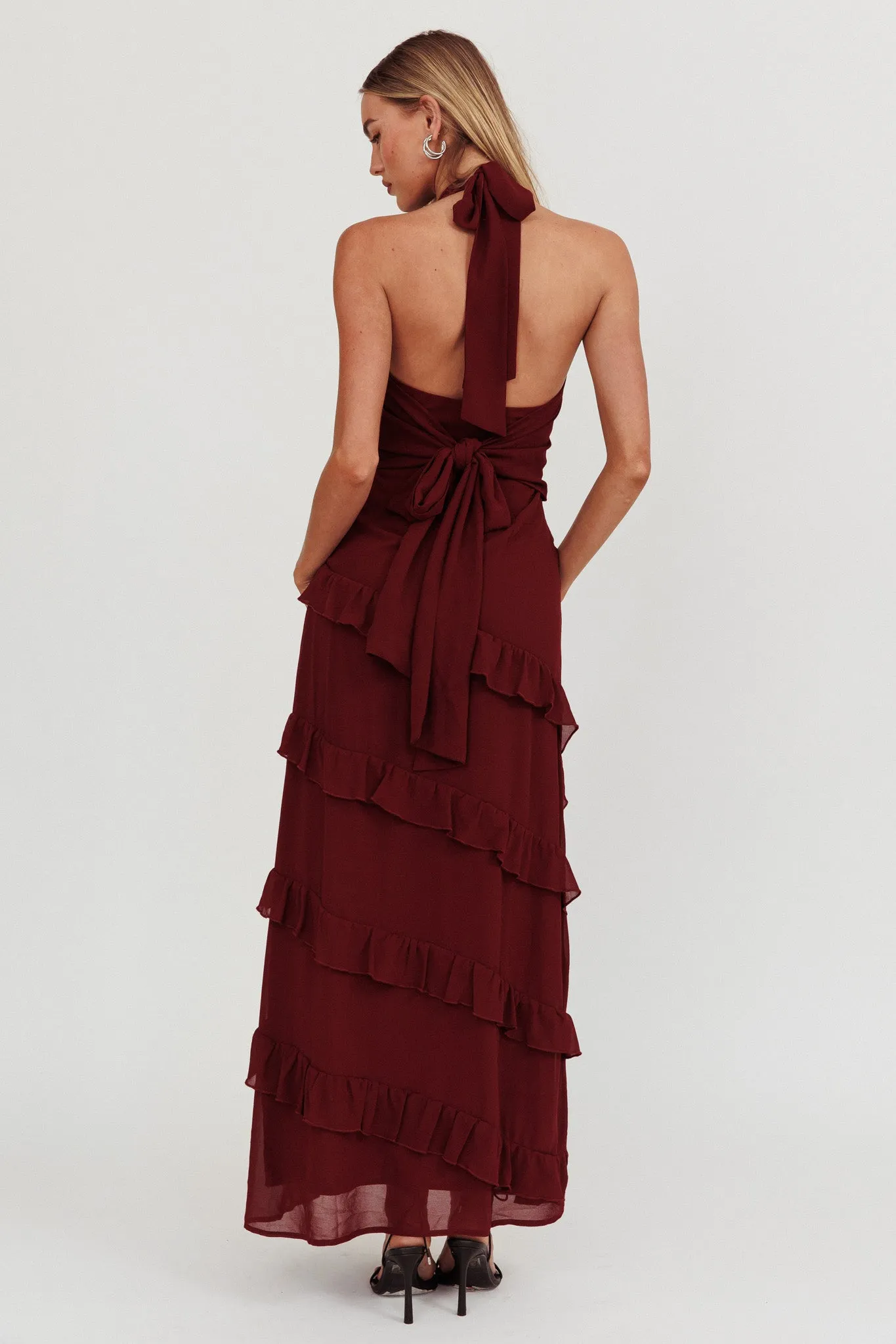 Flirt Frill Trim Halter Maxi Dress Wine