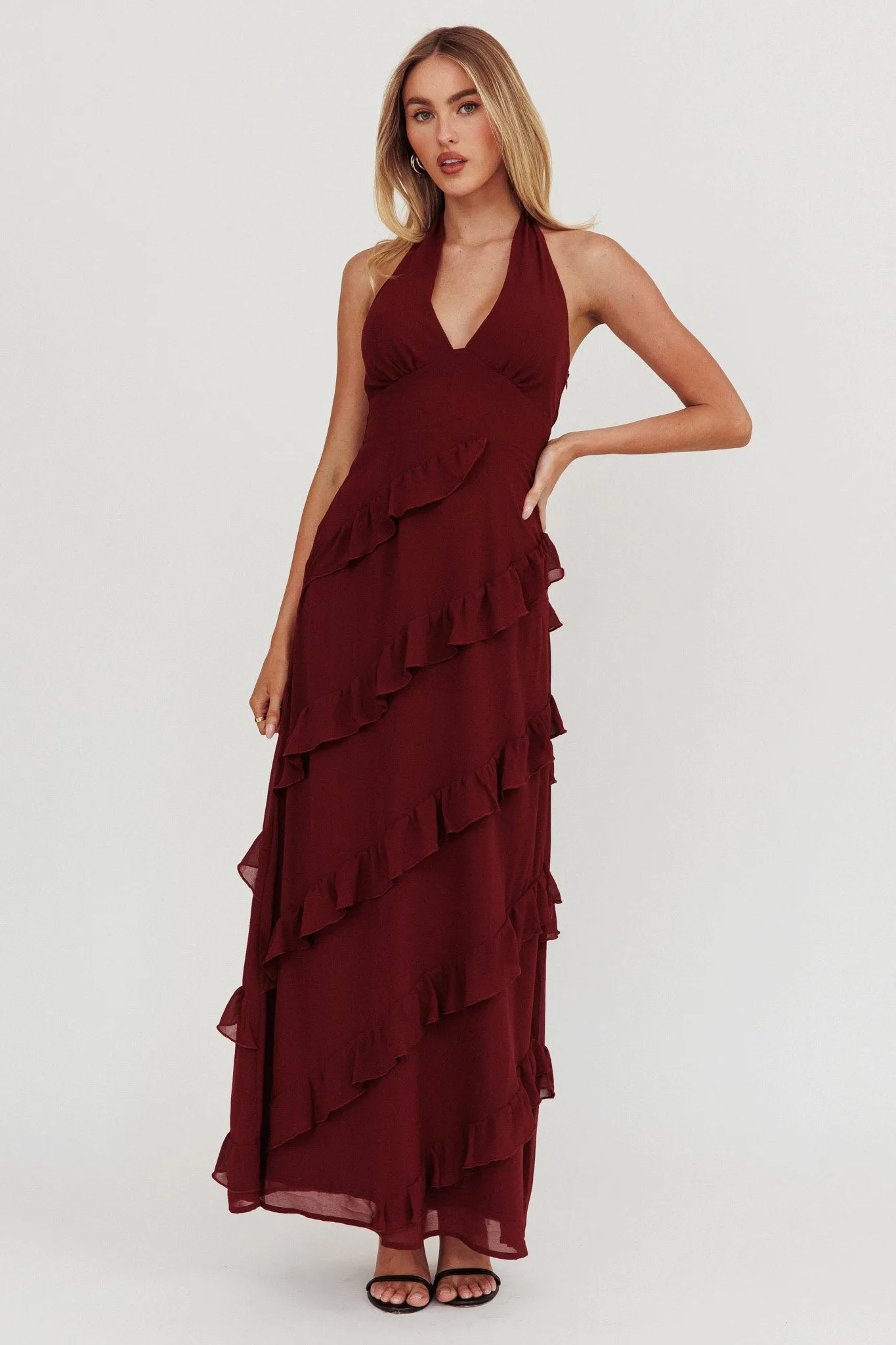 Flirt Frill Trim Halter Maxi Dress Wine