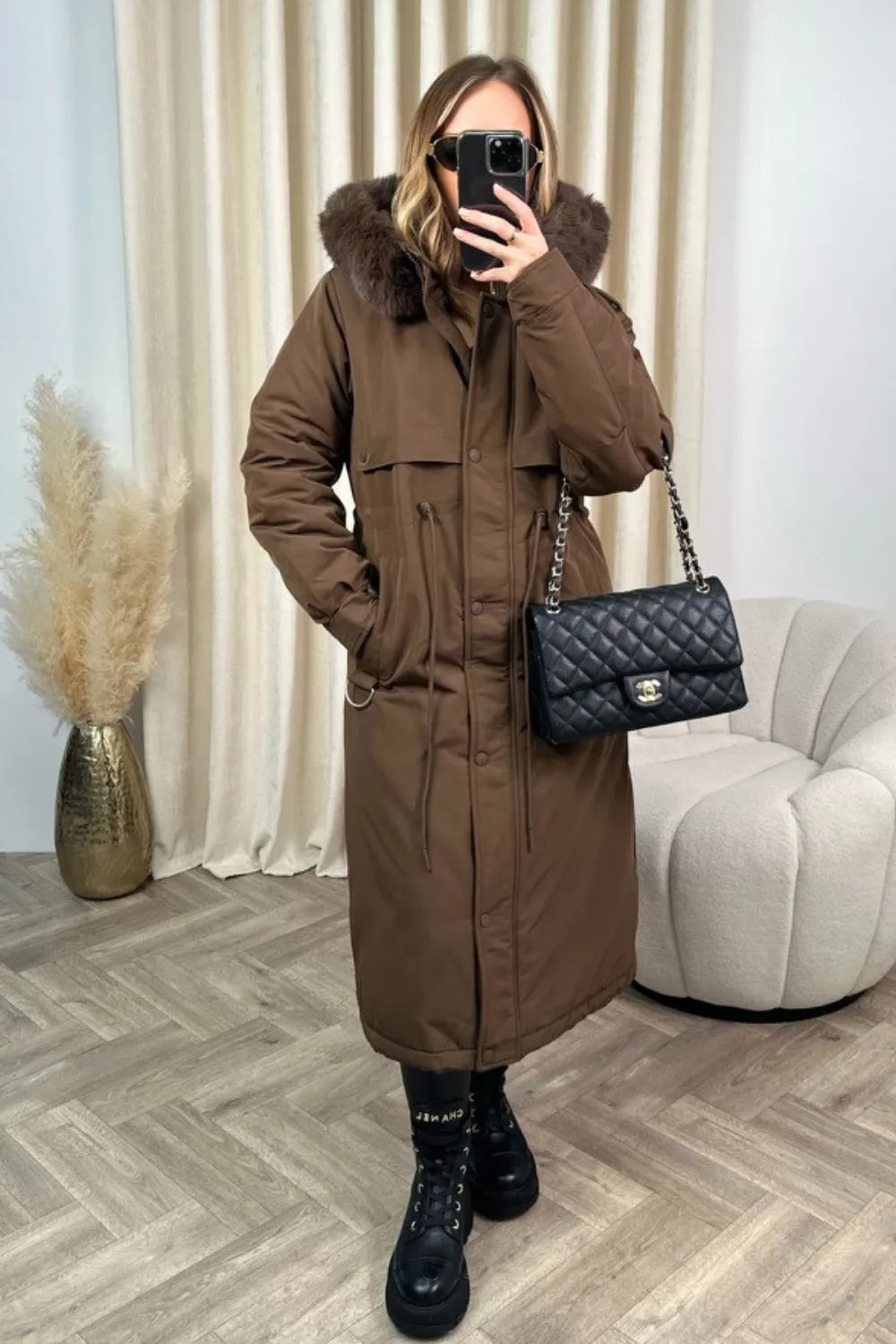 Freya chocolate hooded faux fur duvet coat