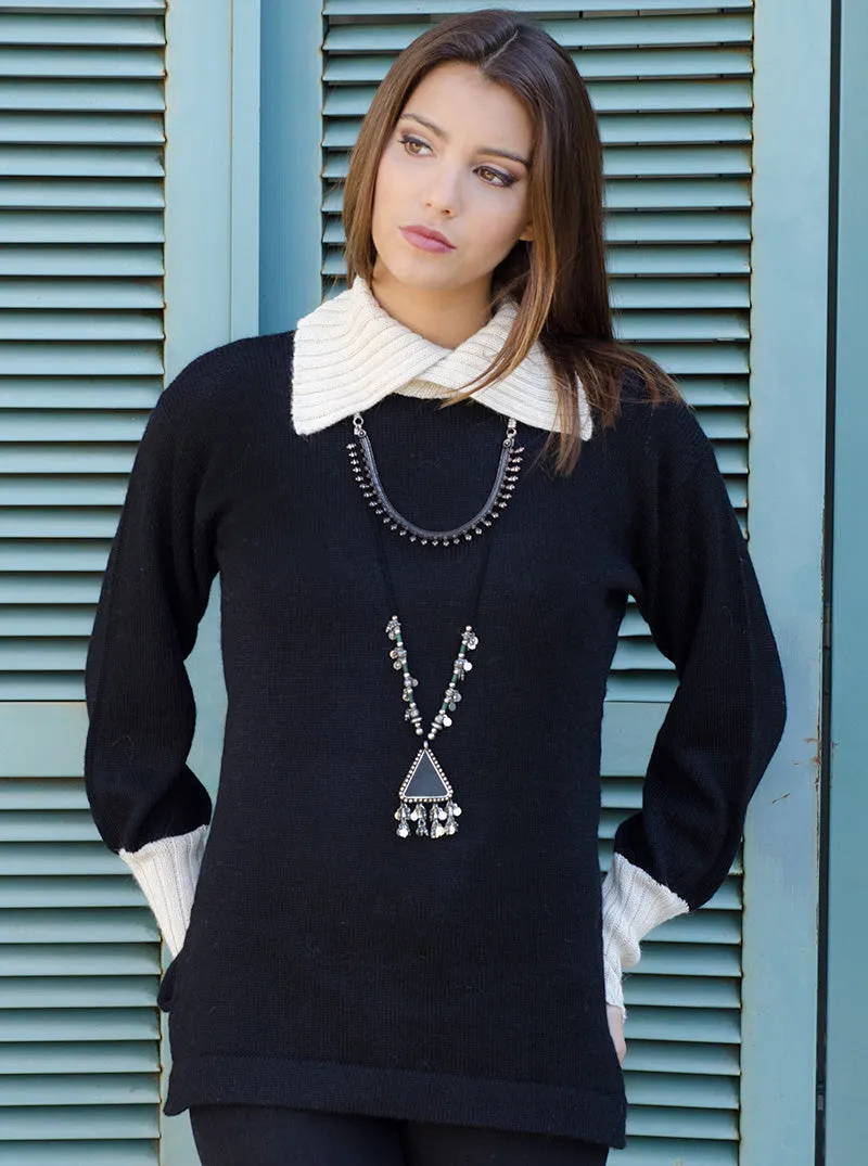 Gamboa Women Sweater Black with White Neck