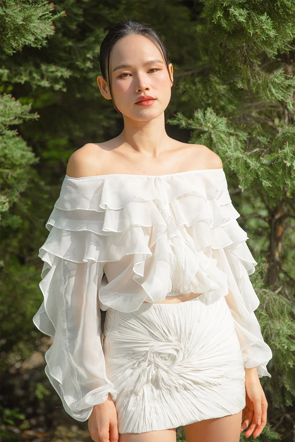 Gardenia Blouson Off-Shoulder Organza Voile Mini Set