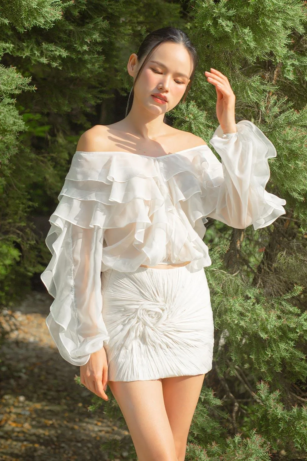 Gardenia Blouson Off-Shoulder Organza Voile Mini Set