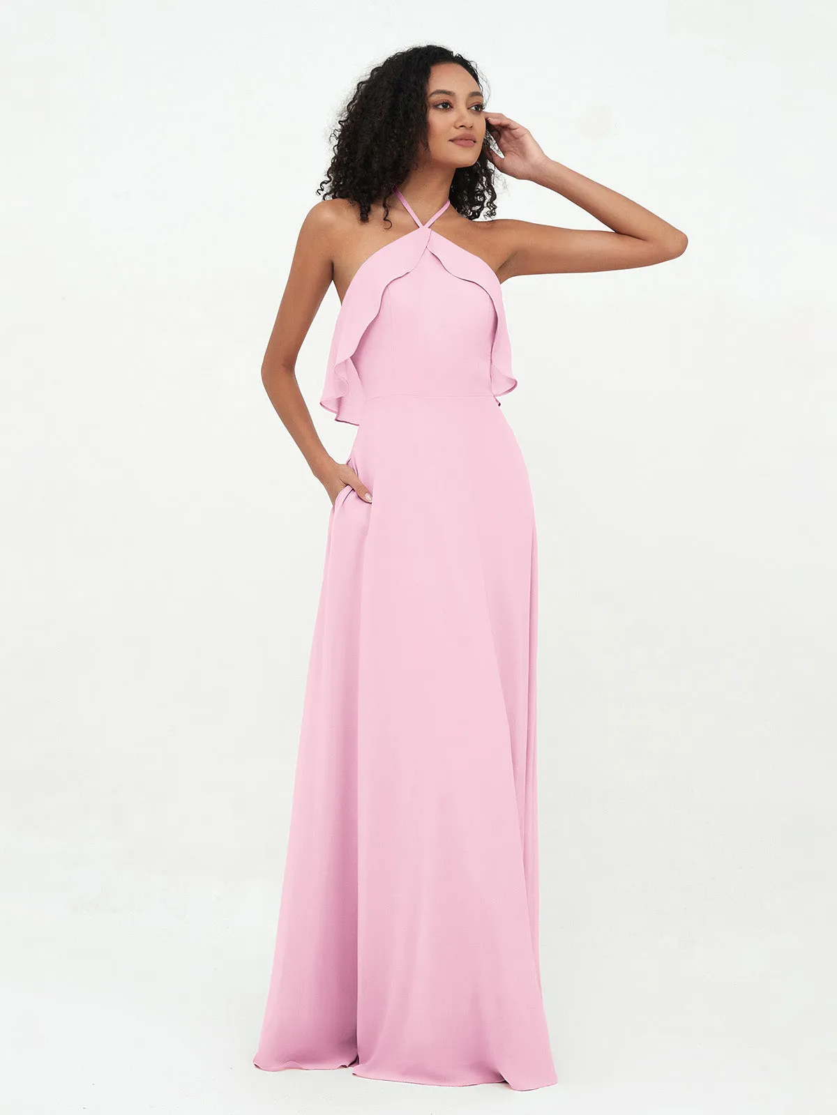 Halter Strap Chiffon Long Bridesmaid Dresses Candy Pink Plus Size