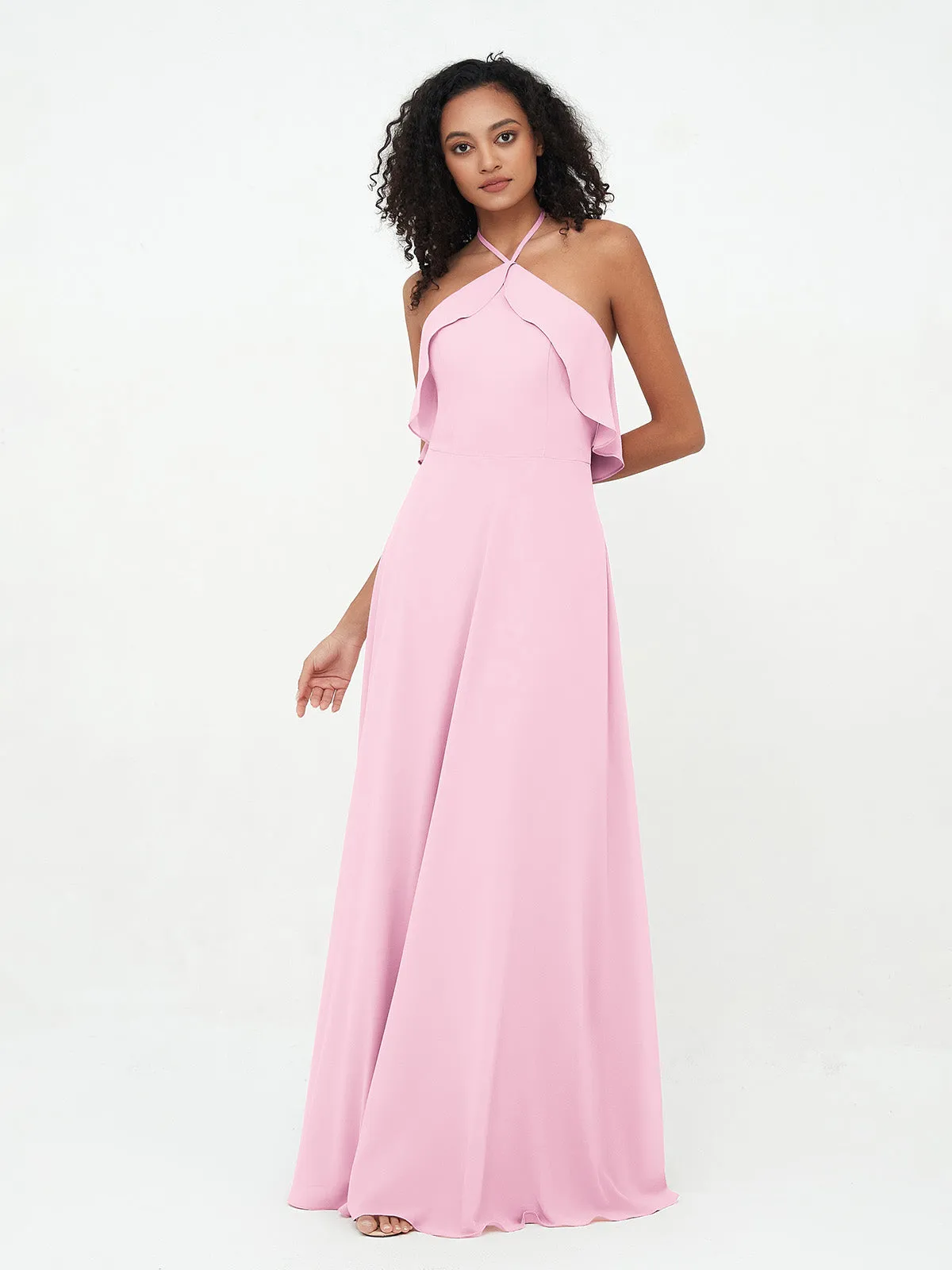 Halter Strap Chiffon Long Bridesmaid Dresses Candy Pink Plus Size