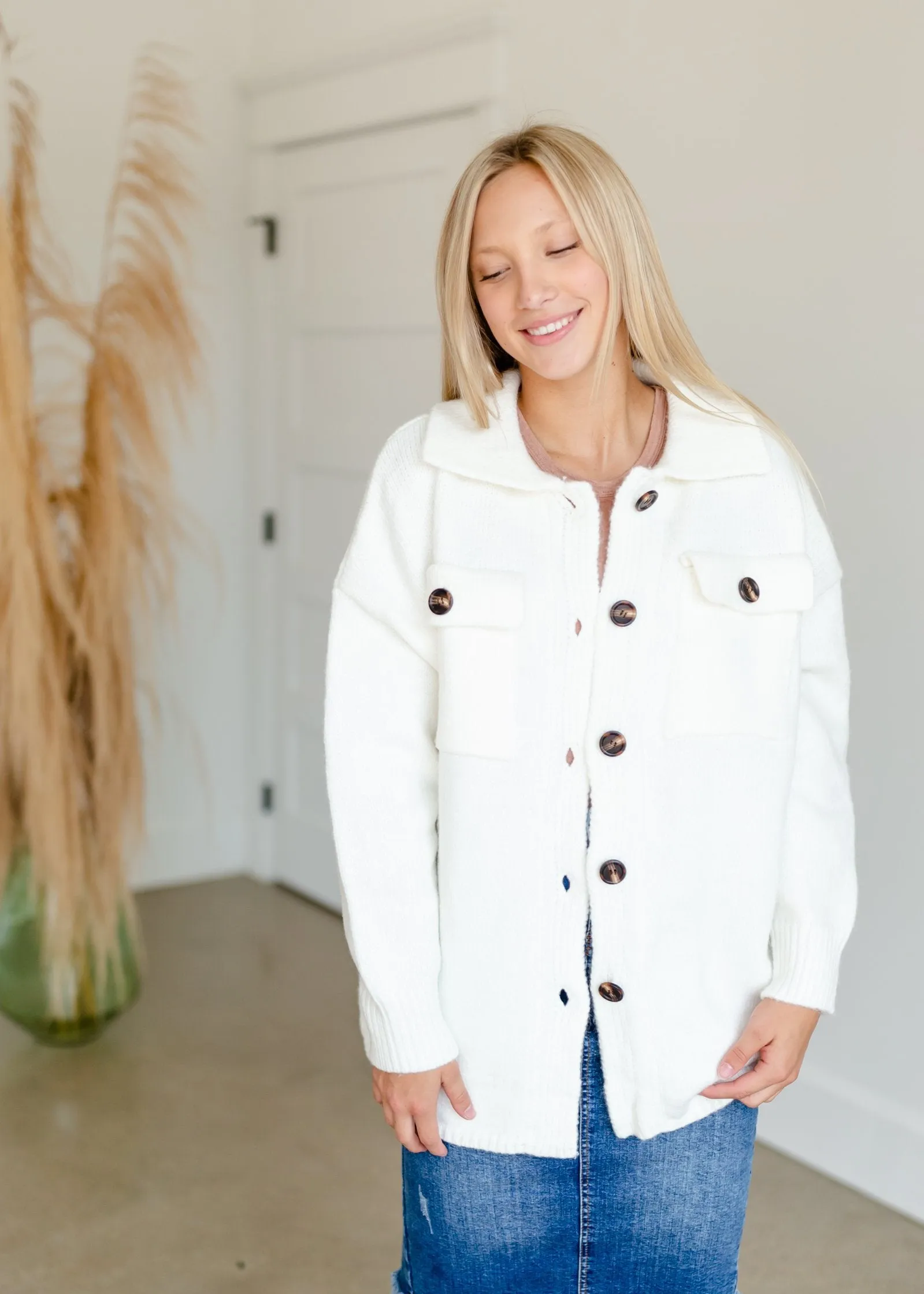 Ivory Button Down Sweater Jacket