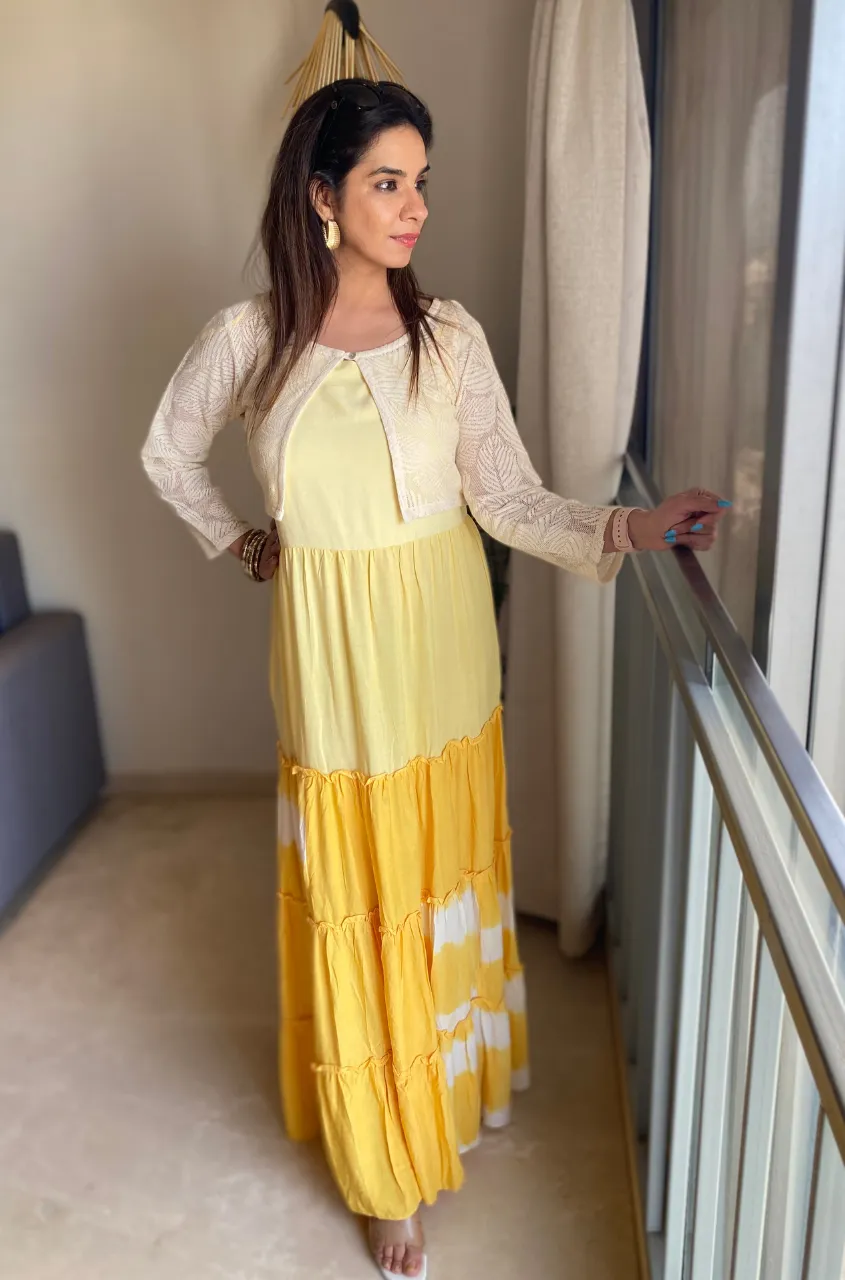 LEHER -Yellow Ombre Tiered Gown With Knit Jacket