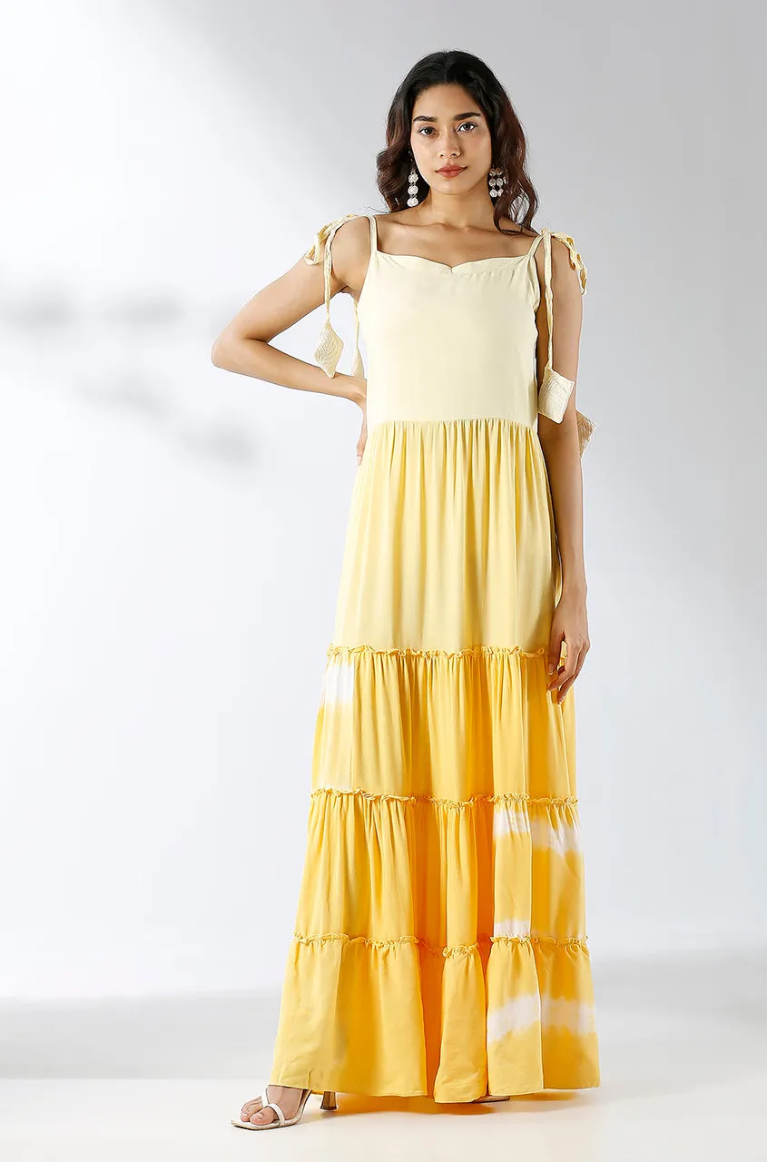 LEHER -Yellow Ombre Tiered Gown With Knit Jacket