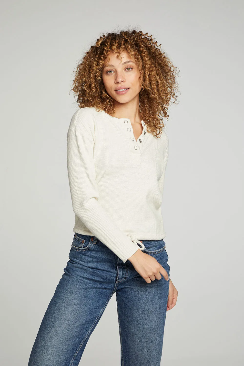 Long Sleeve Snap Henley Drawstring Waist Tee