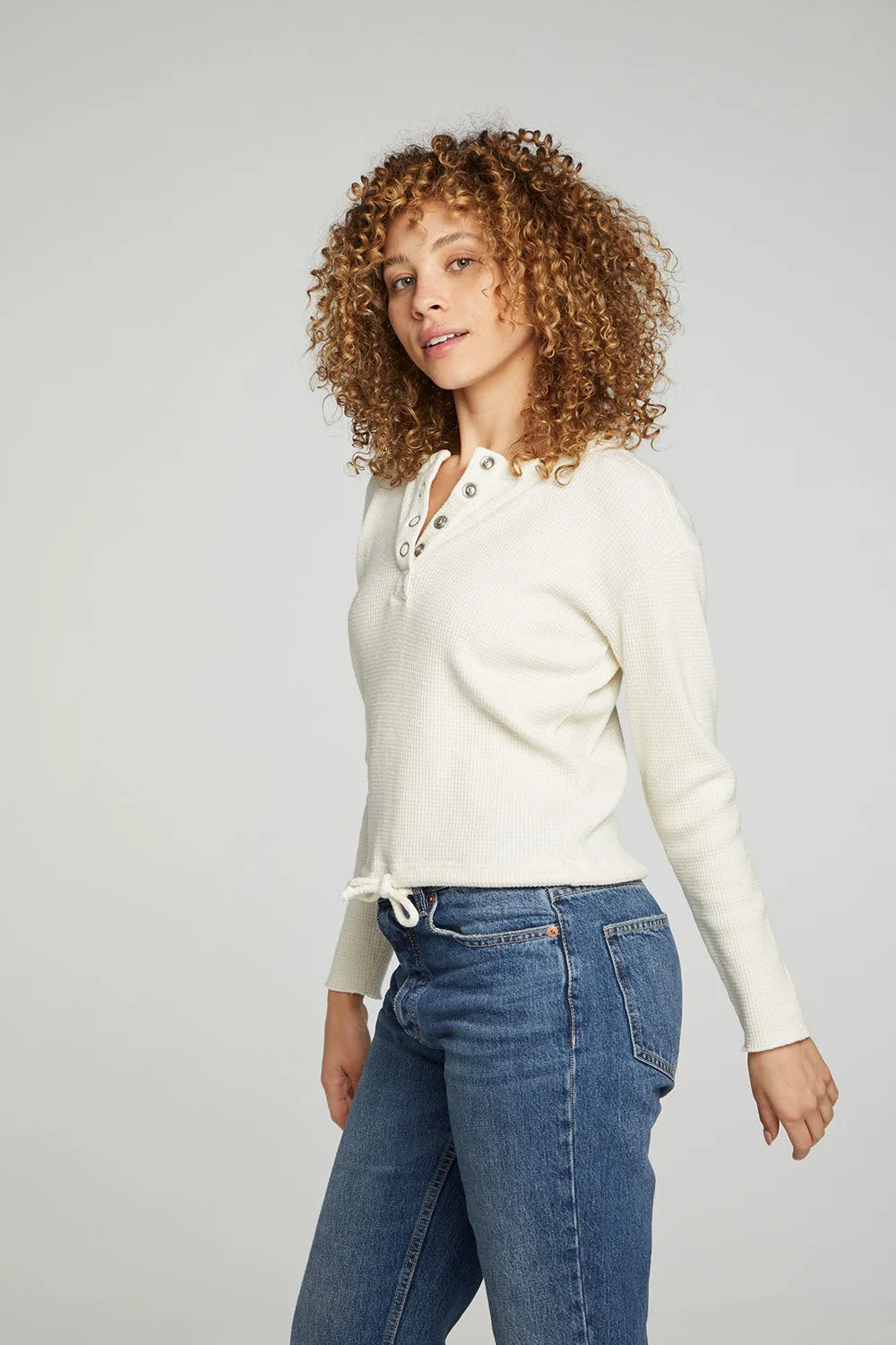 Long Sleeve Snap Henley Drawstring Waist Tee