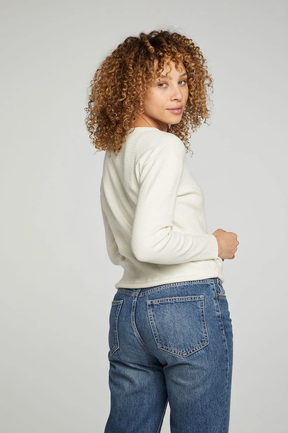 Long Sleeve Snap Henley Drawstring Waist Tee