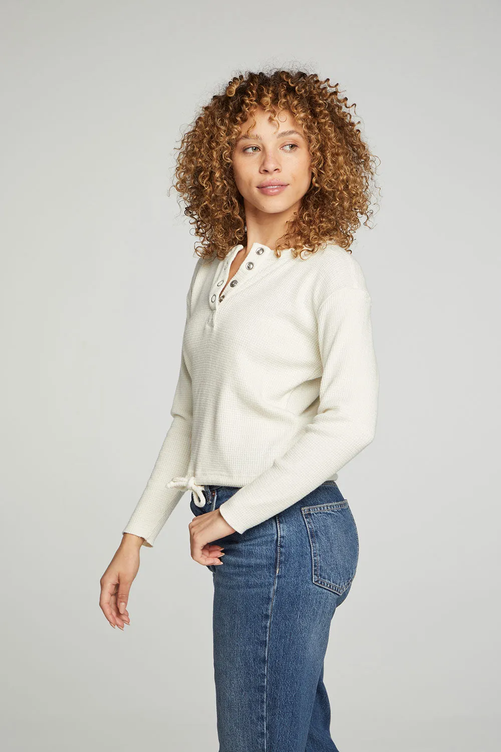 Long Sleeve Snap Henley Drawstring Waist Tee