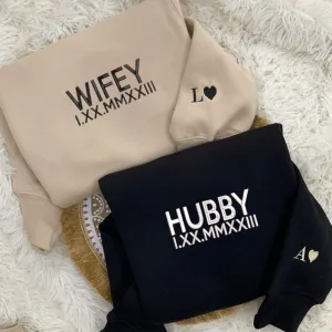 Matching Wifey & Hubby Roman Numeral Embroidered Sweatshirts