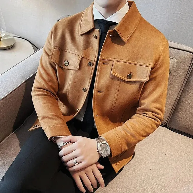 Men's Autumn Winter Suede Jacket – Slim Fit Thickened Lapel Coat for Casual Business & Streetwear