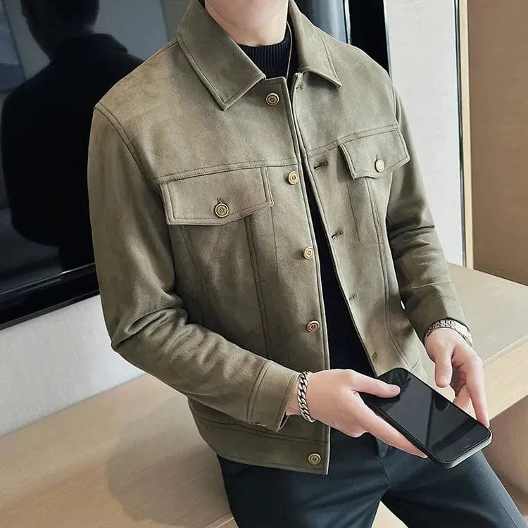 Men's Autumn Winter Suede Jacket – Slim Fit Thickened Lapel Coat for Casual Business & Streetwear