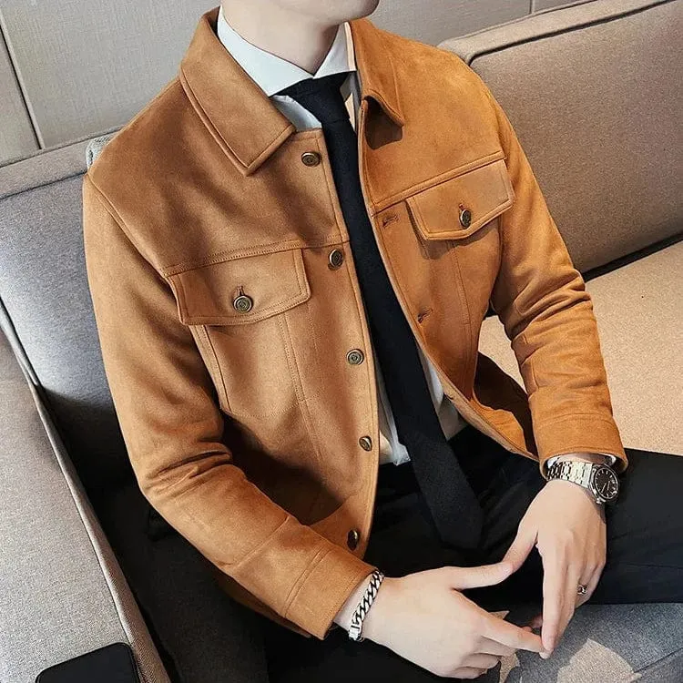 Men's Autumn Winter Suede Jacket – Slim Fit Thickened Lapel Coat for Casual Business & Streetwear