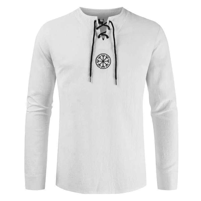 Men's Casual Long Sleeve Linen Tee Hippie V Neck Renaissance Costume Tops