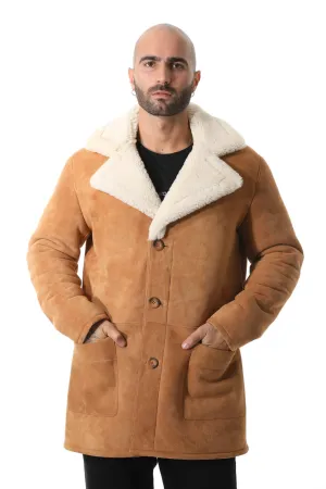 Men's Sheepskin Trench Coat, Tan Suede with White Curly Wool