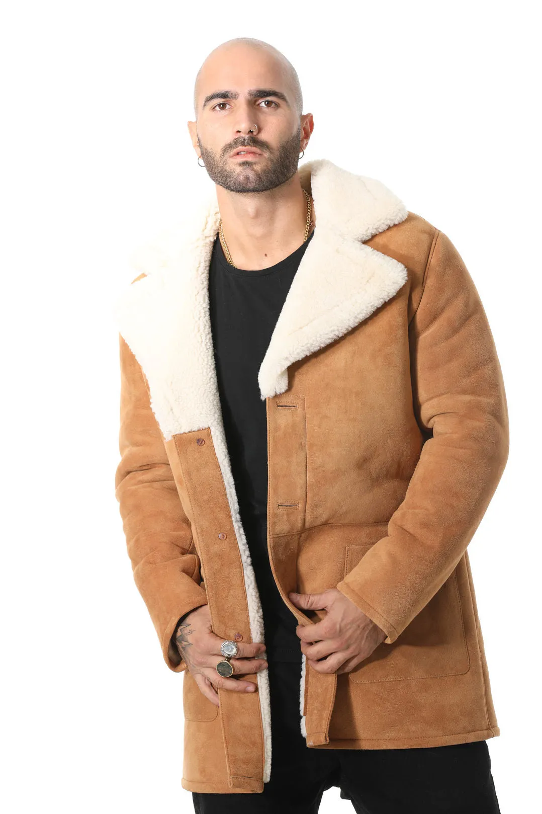 Men's Sheepskin Trench Coat, Tan Suede with White Curly Wool