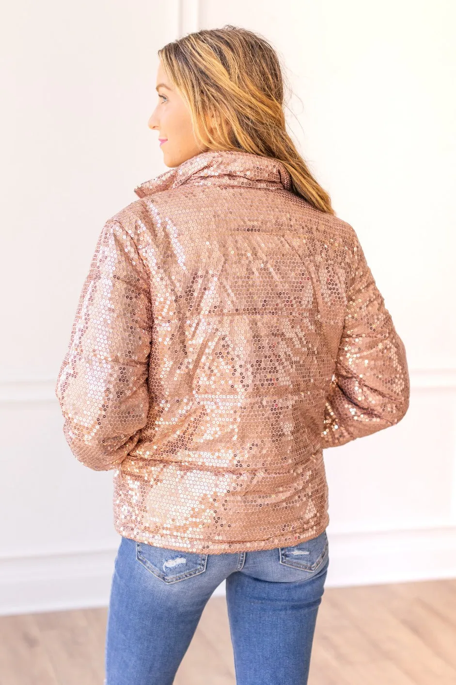 Midnight Trails Sequin Puffer in Rose Gold