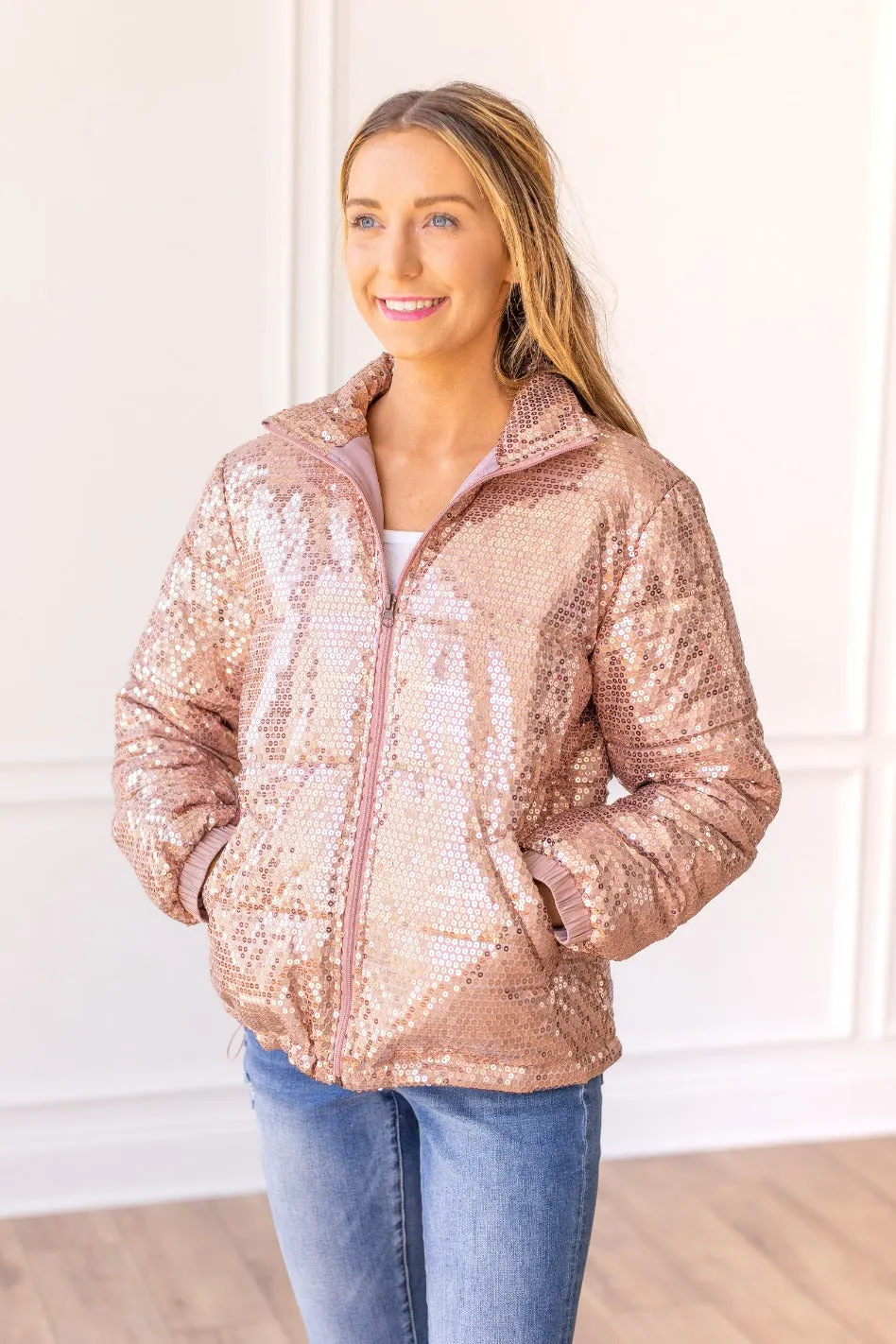 Midnight Trails Sequin Puffer in Rose Gold