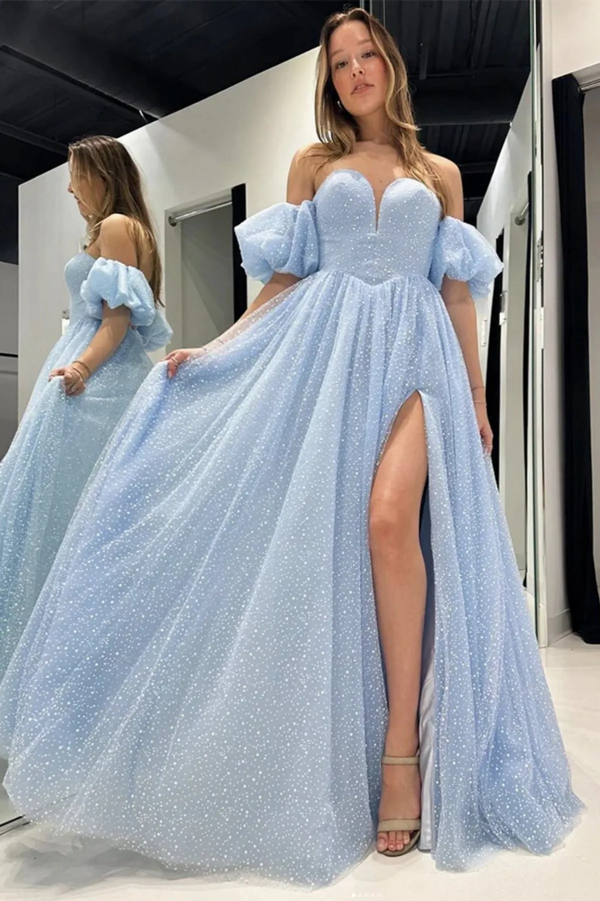 Nereida | Sky Blue Off The Shoulder Tulle Prom Dress With Split