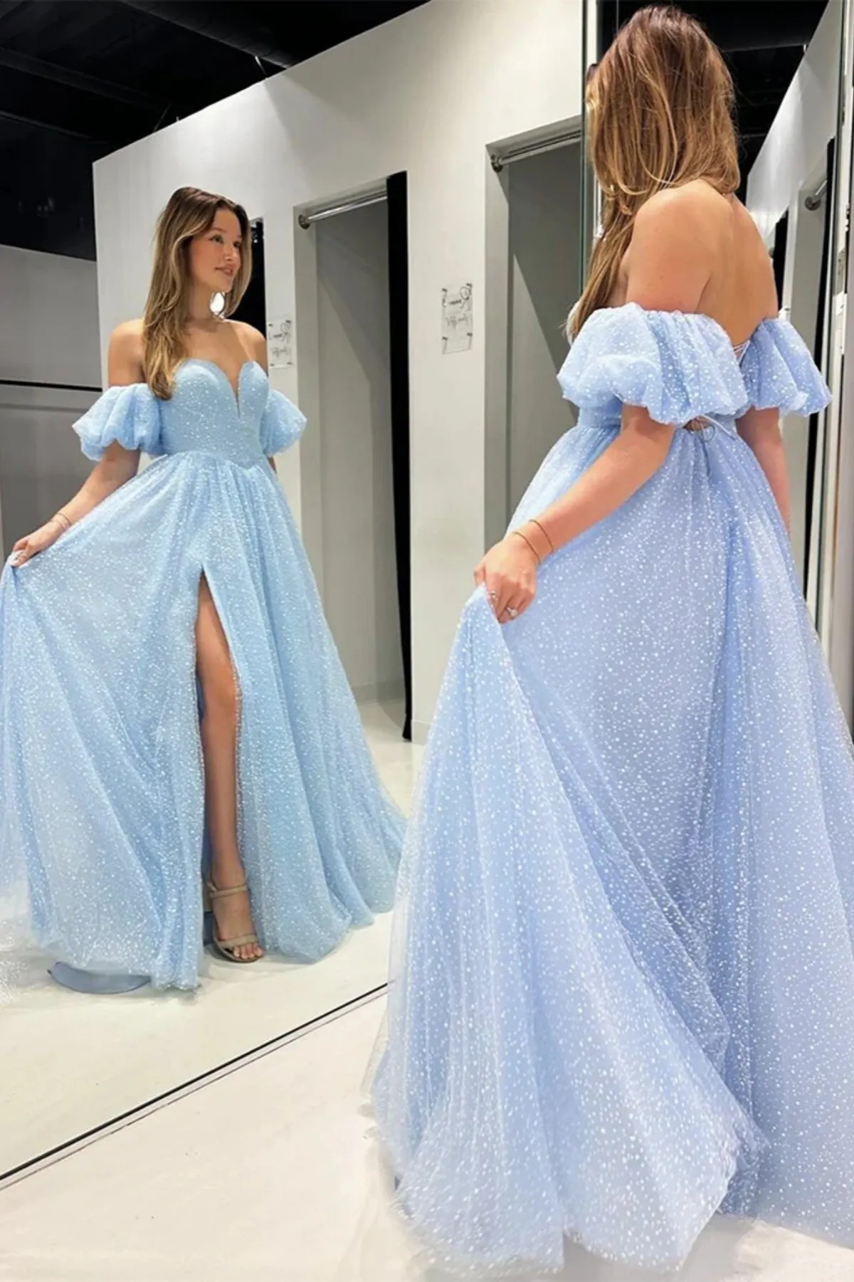 Nereida | Sky Blue Off The Shoulder Tulle Prom Dress With Split