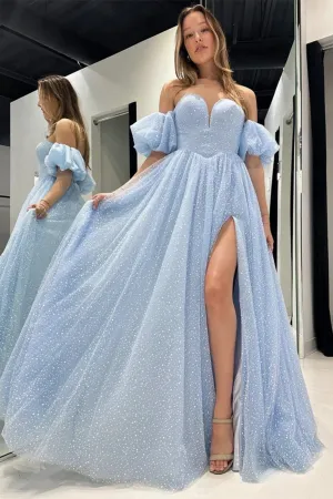 Nereida | Sky Blue Off The Shoulder Tulle Prom Dress With Split