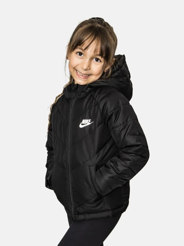 Nike Junior Full Sleeves Logo Printed Puffer Jacket with Hood - Black