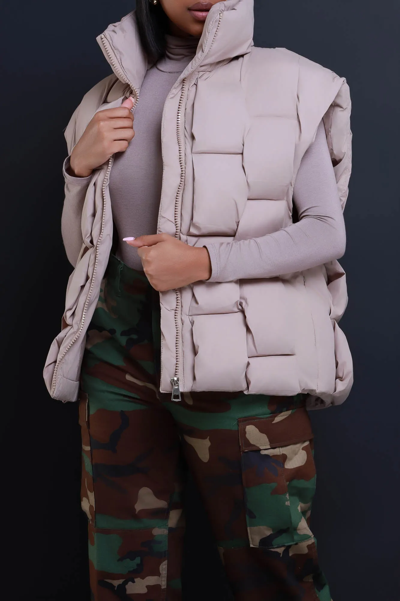 Nowhere Fast Sleeveless Oversized Puffer Vest - Taupe