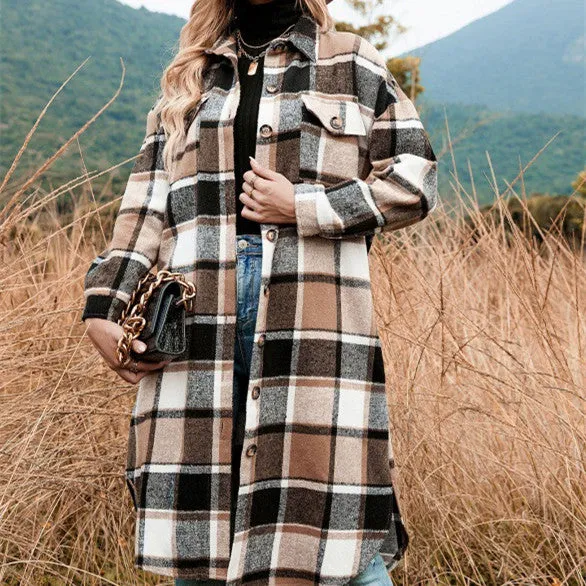 Plaid Knee Length Button Up Jacket