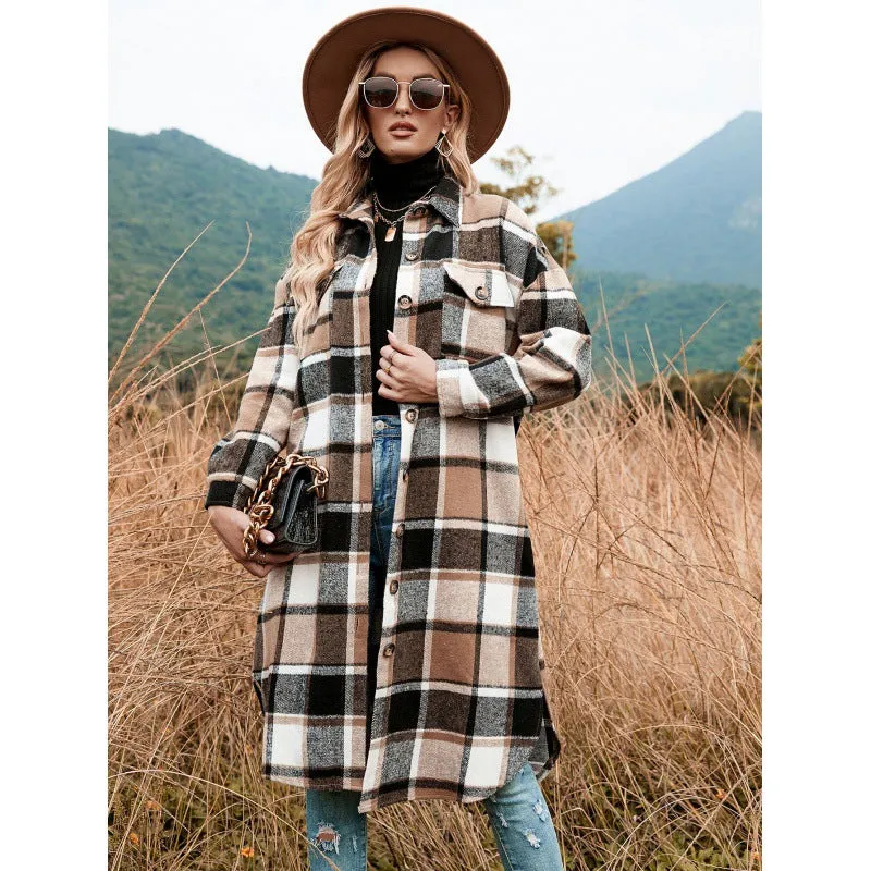 Plaid Knee Length Button Up Jacket