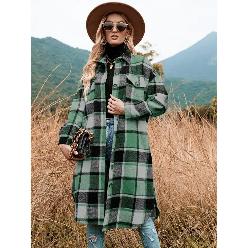 Plaid Knee Length Button Up Jacket