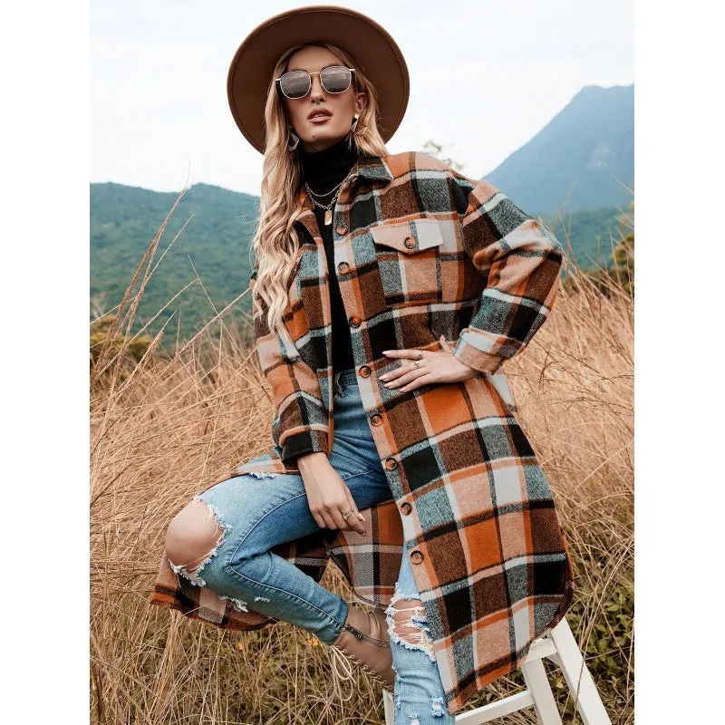 Plaid Knee Length Button Up Jacket