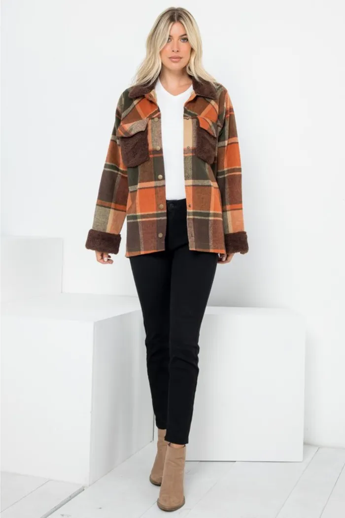 Plaid Wool-Like Shacket with Sherpa Contrast