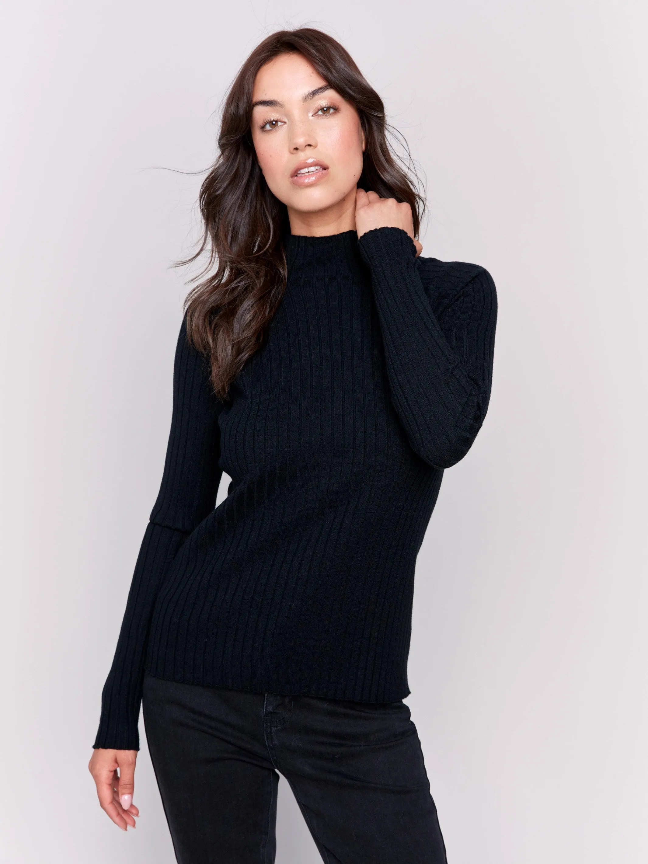 Ribbed Knit Mock Neck Sweater - Black