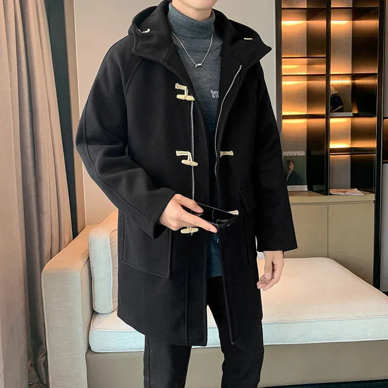 Riolio Horn Button Hooded Men's Winter Long Coat New in Coats and Jackets Male Clothes Man Trench Clothing Woolen Overcoat