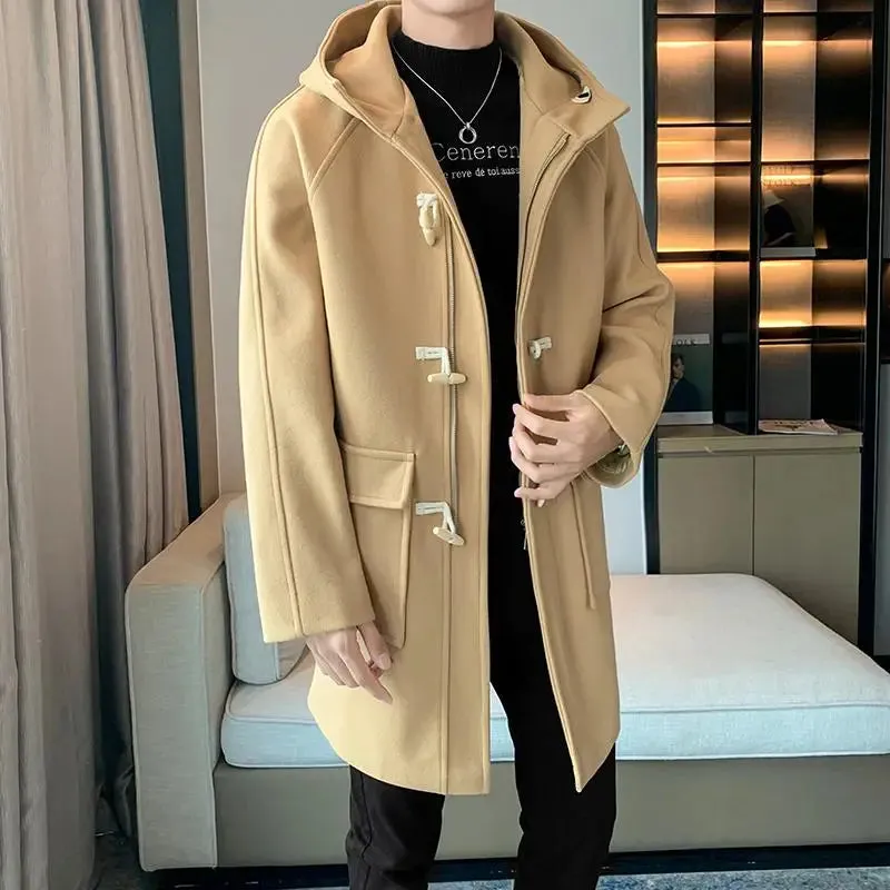 Riolio Horn Button Hooded Men's Winter Long Coat New in Coats and Jackets Male Clothes Man Trench Clothing Woolen Overcoat