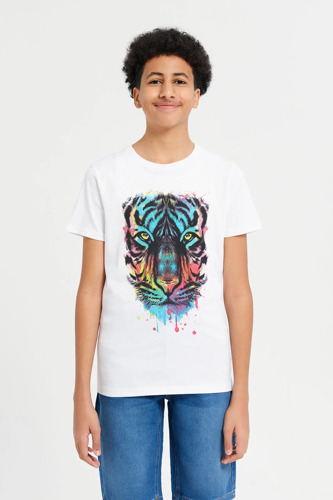 Senior Boys White Tiger Face Graphic T-Shirt