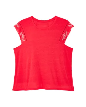 Sharon Embroidered Cap Sleeve Top | Coral