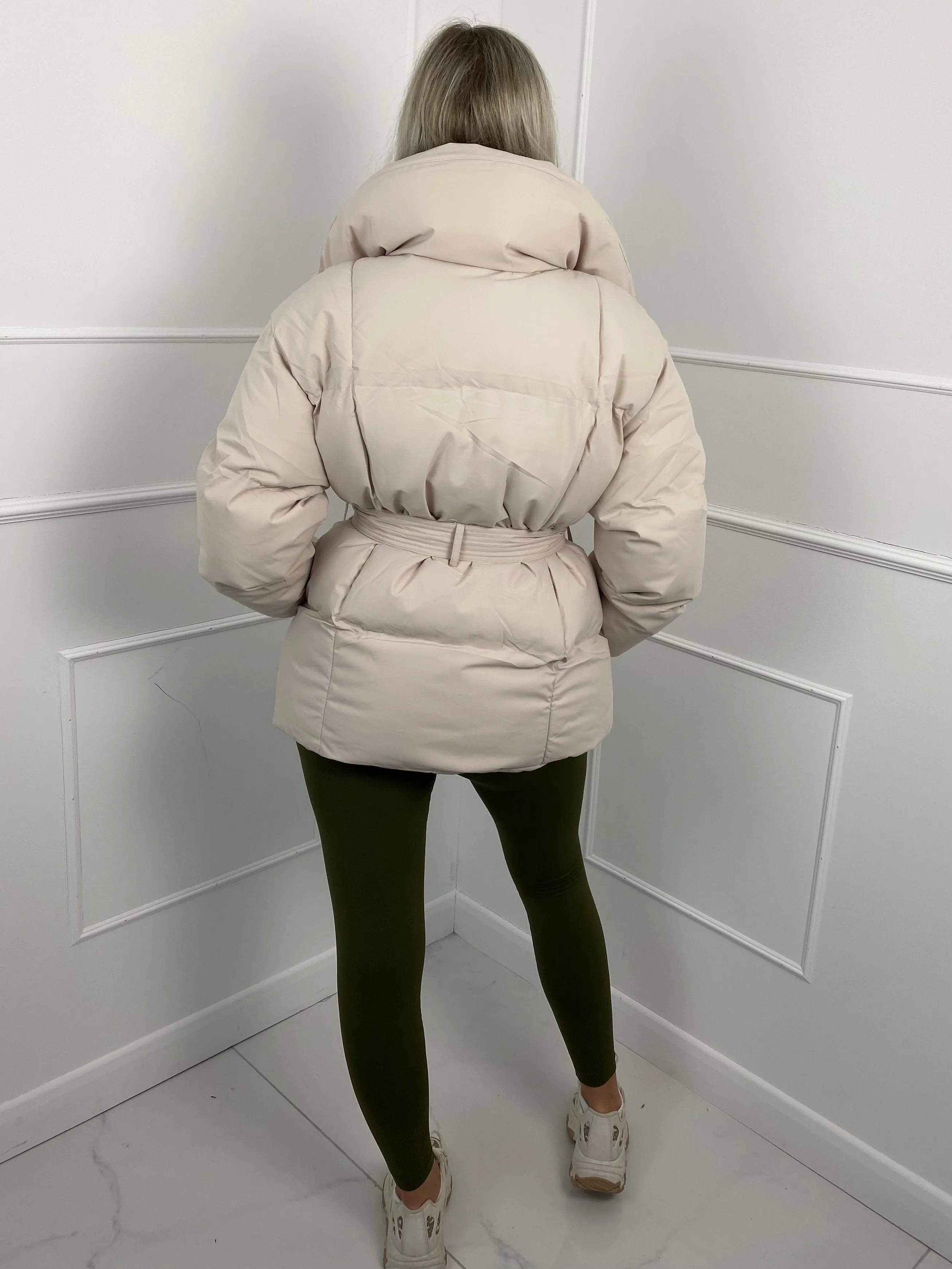 Short Belted Puffer Jacket- Cream