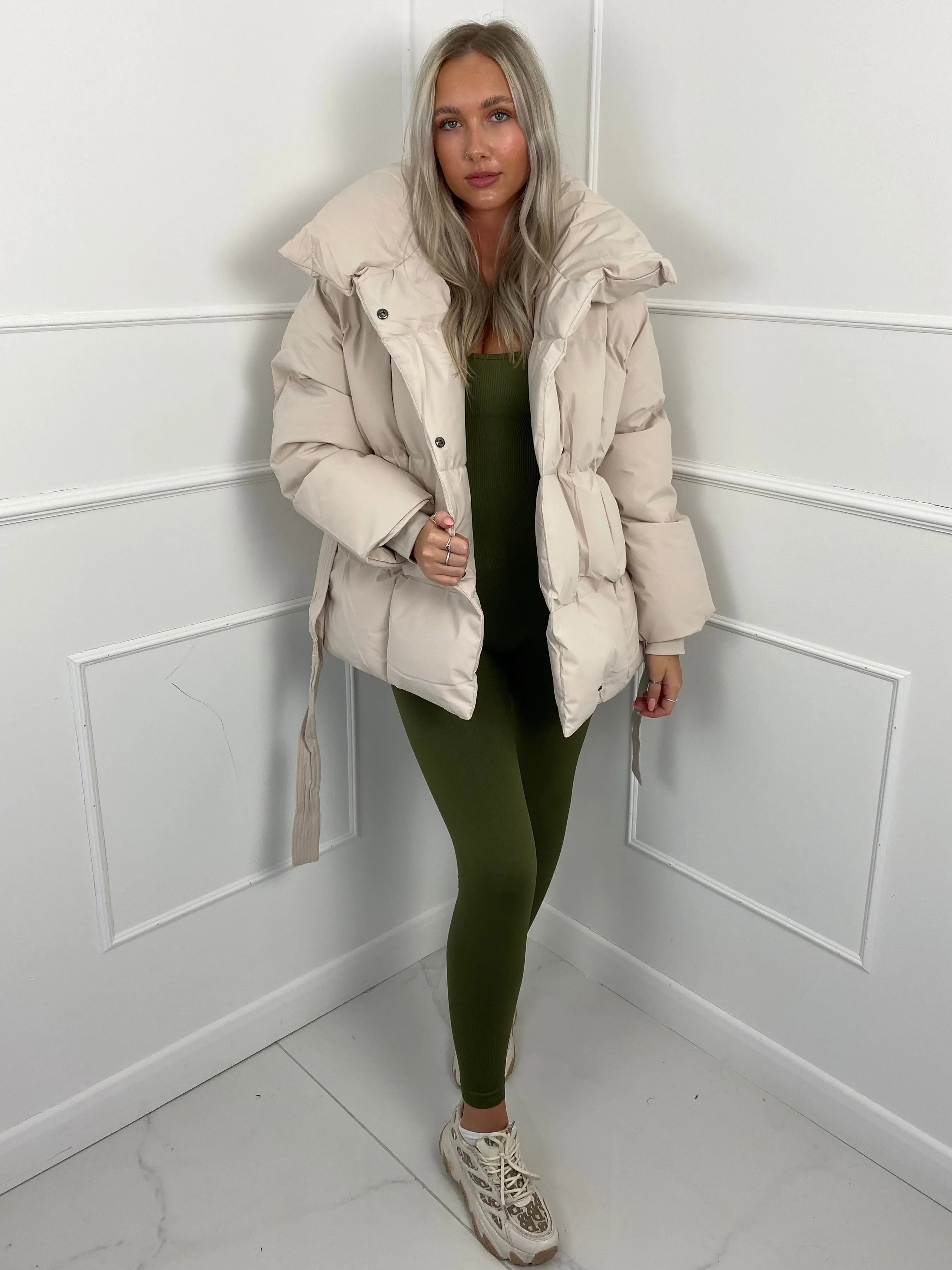 Short Belted Puffer Jacket- Cream