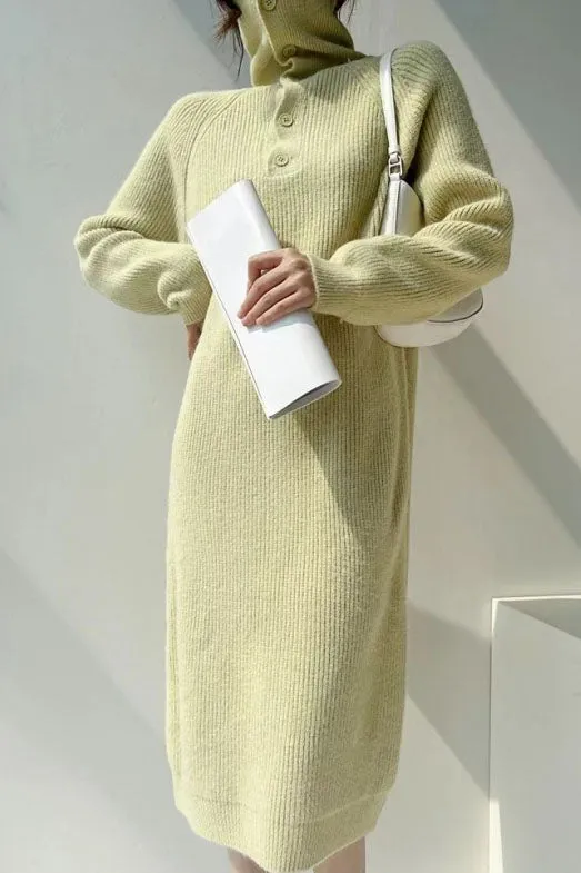 Solid color buttoned turtleneck knitted dress