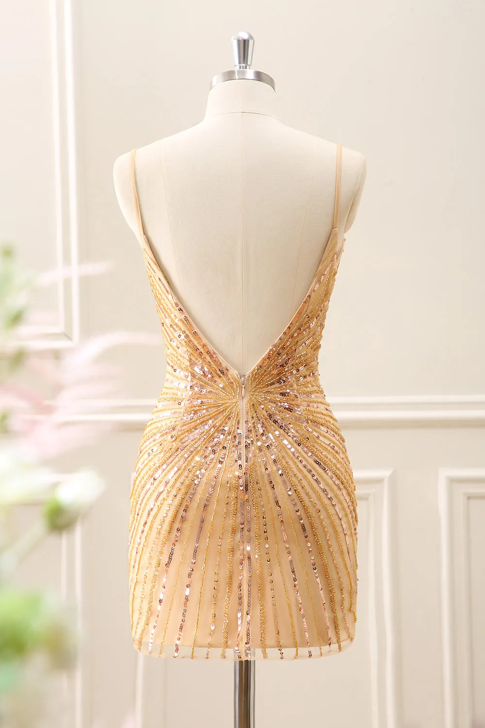 Sparkly Golden Backless Tight Homecoming Dress