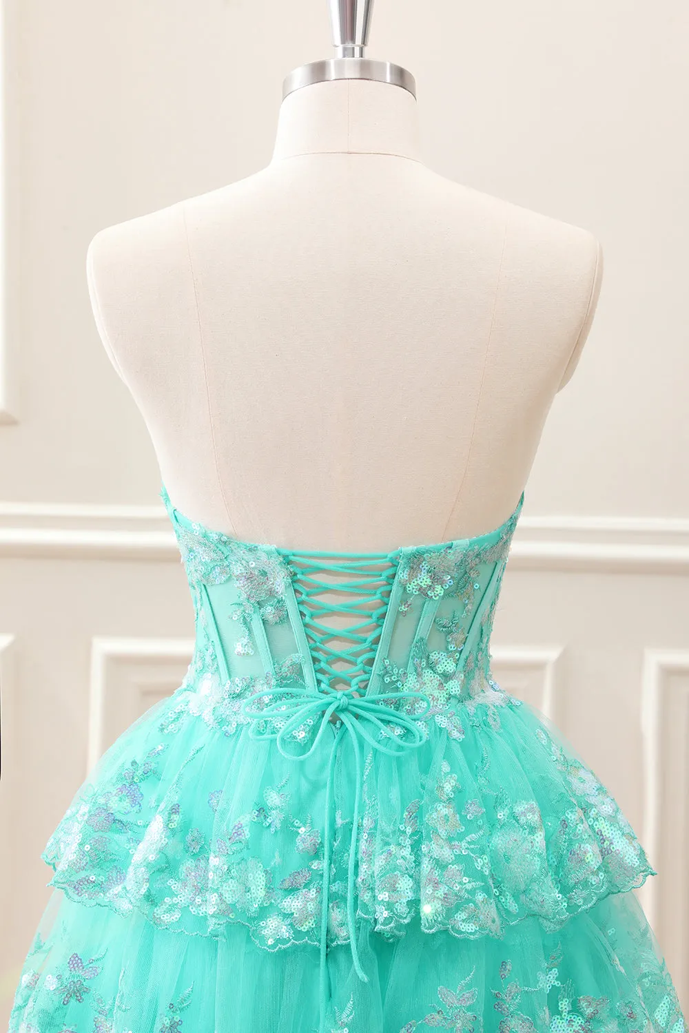 Sparkly Green A Line Sequined Corset Tiered Tulle Strapless Mini Dress