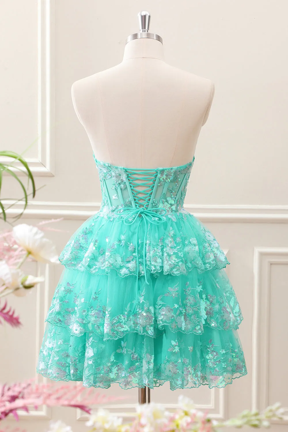 Sparkly Green A Line Sequined Corset Tiered Tulle Strapless Mini Dress