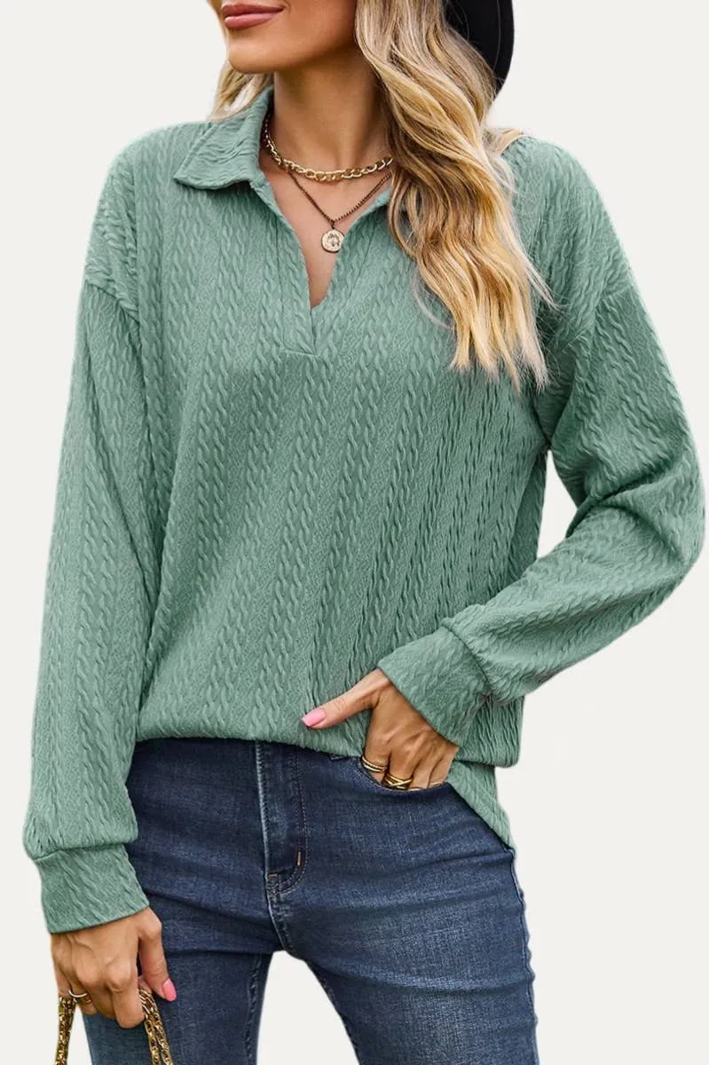 The Moment Collection Daily Basics Cable Knit Collared Long Sleeve Top